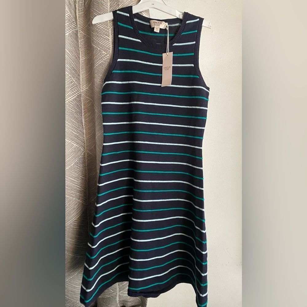 Amour Vert Chrissy Navy  Striped Dress Sleeveless Sz Small NWT